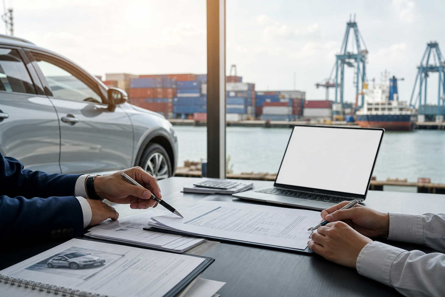 Buyer reviewing a China car export quotation beside a vehicle port