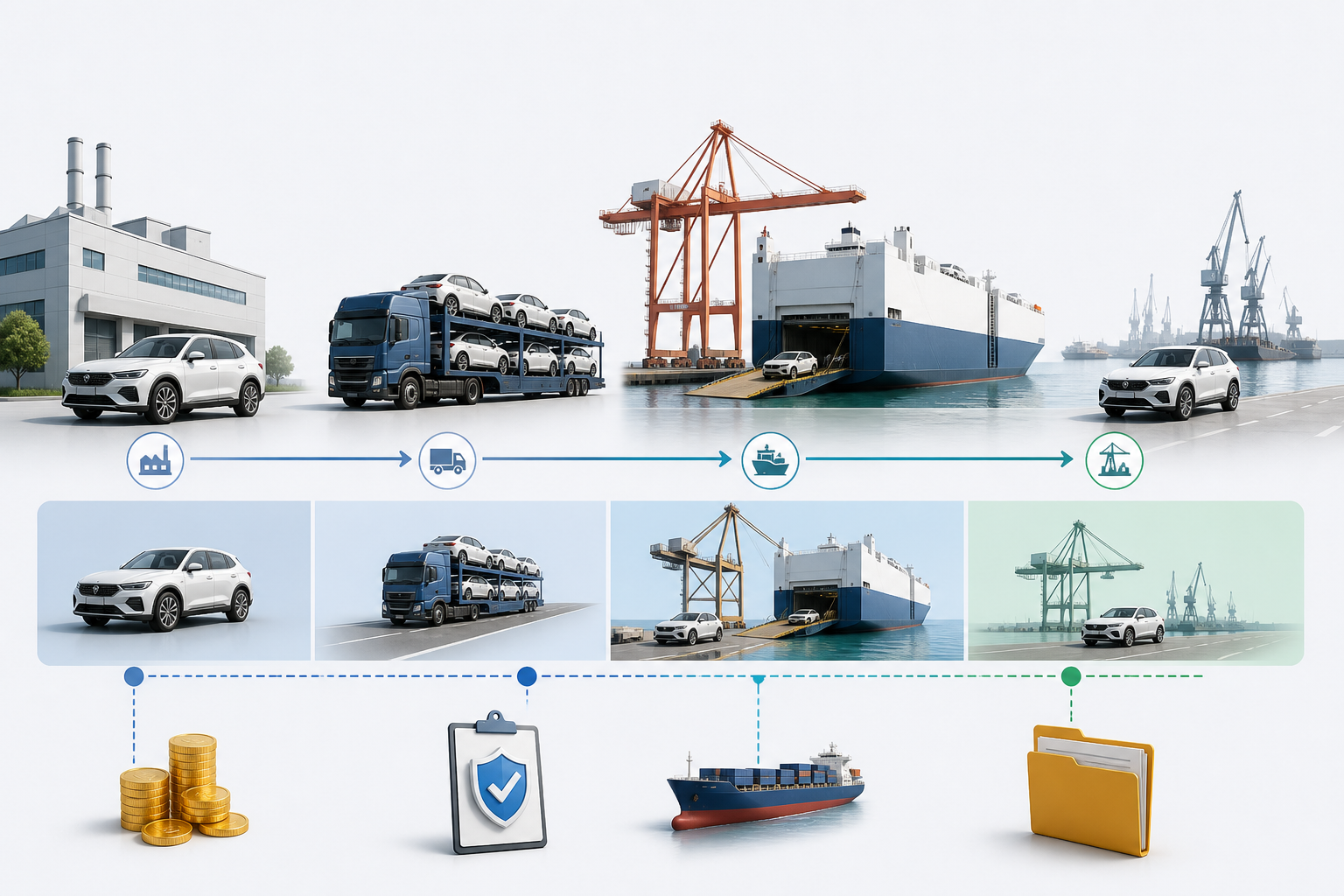 Vehicle export flow from factory through inland transport and port loading to the destination
