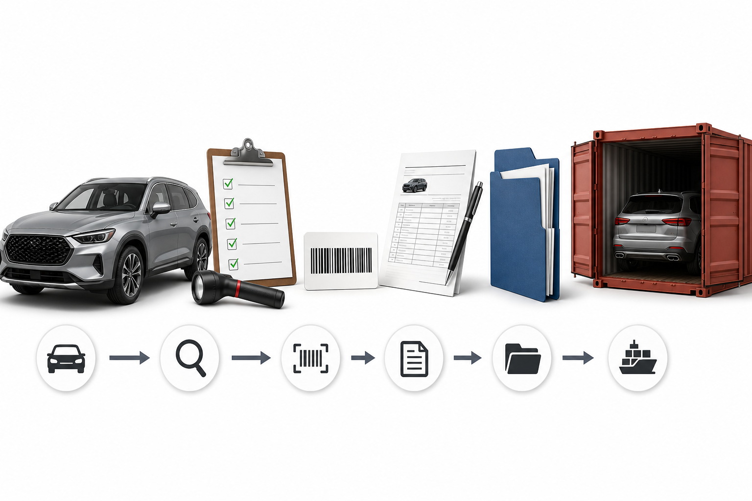 Visual checklist showing car inspection, VIN verification, quotation, documents and container loading
