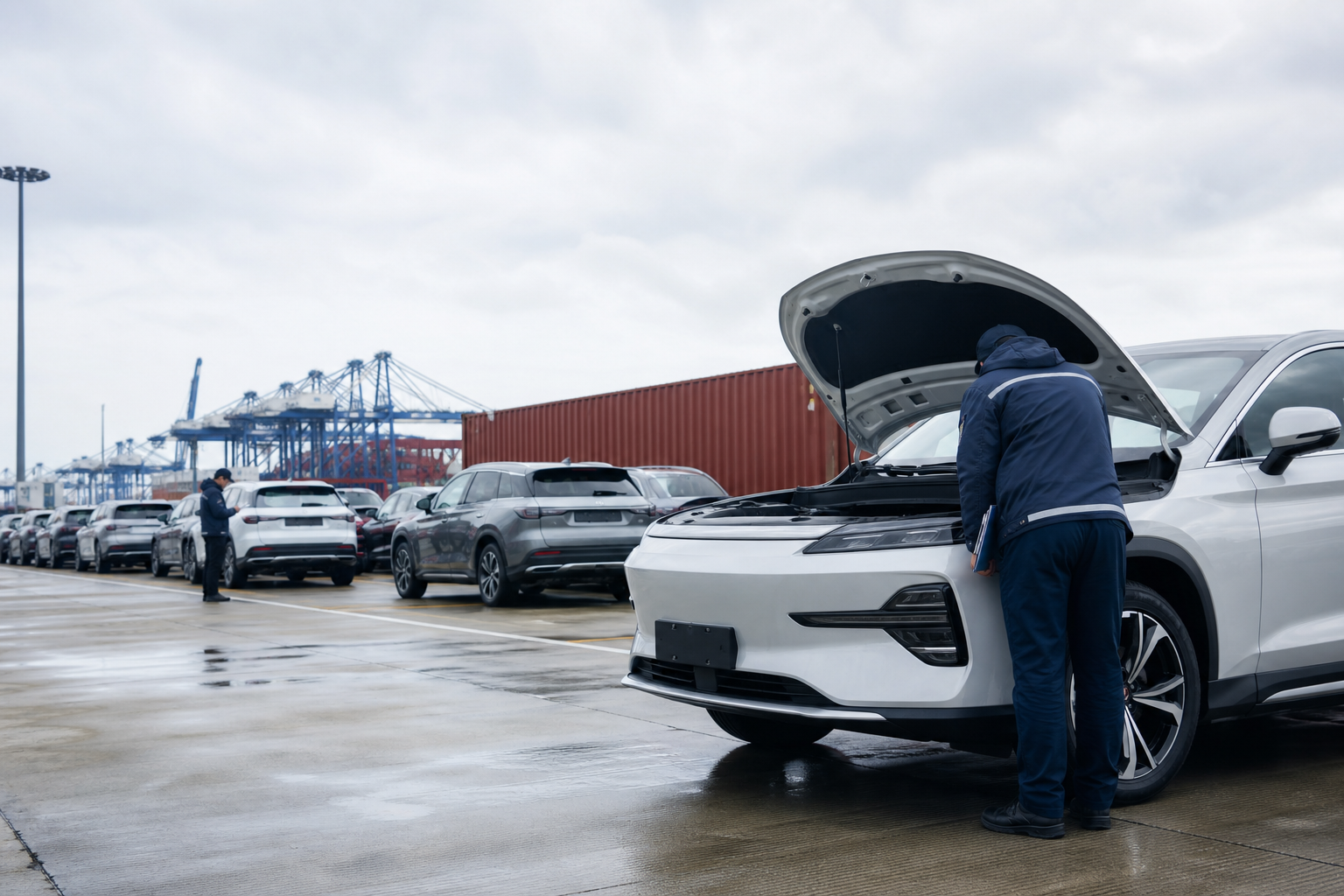 Vehicle inspection at a China car export yard near a container port
