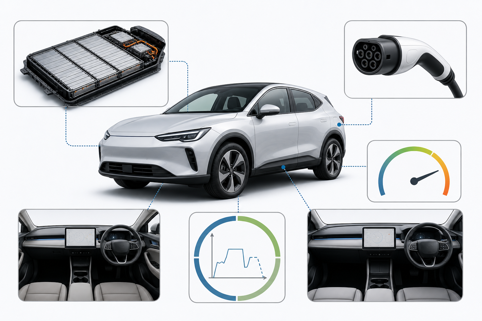 Technical EV illustration showing battery, charging connector, range and steering configuration checks