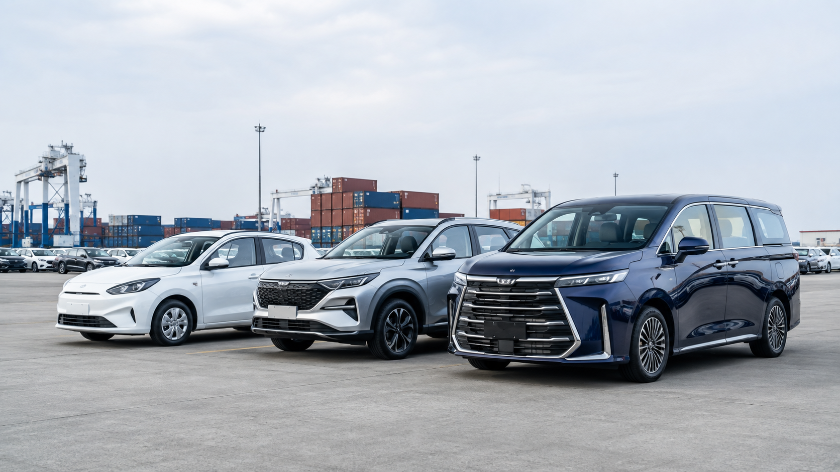 Right-hand-drive cars staged for export from China