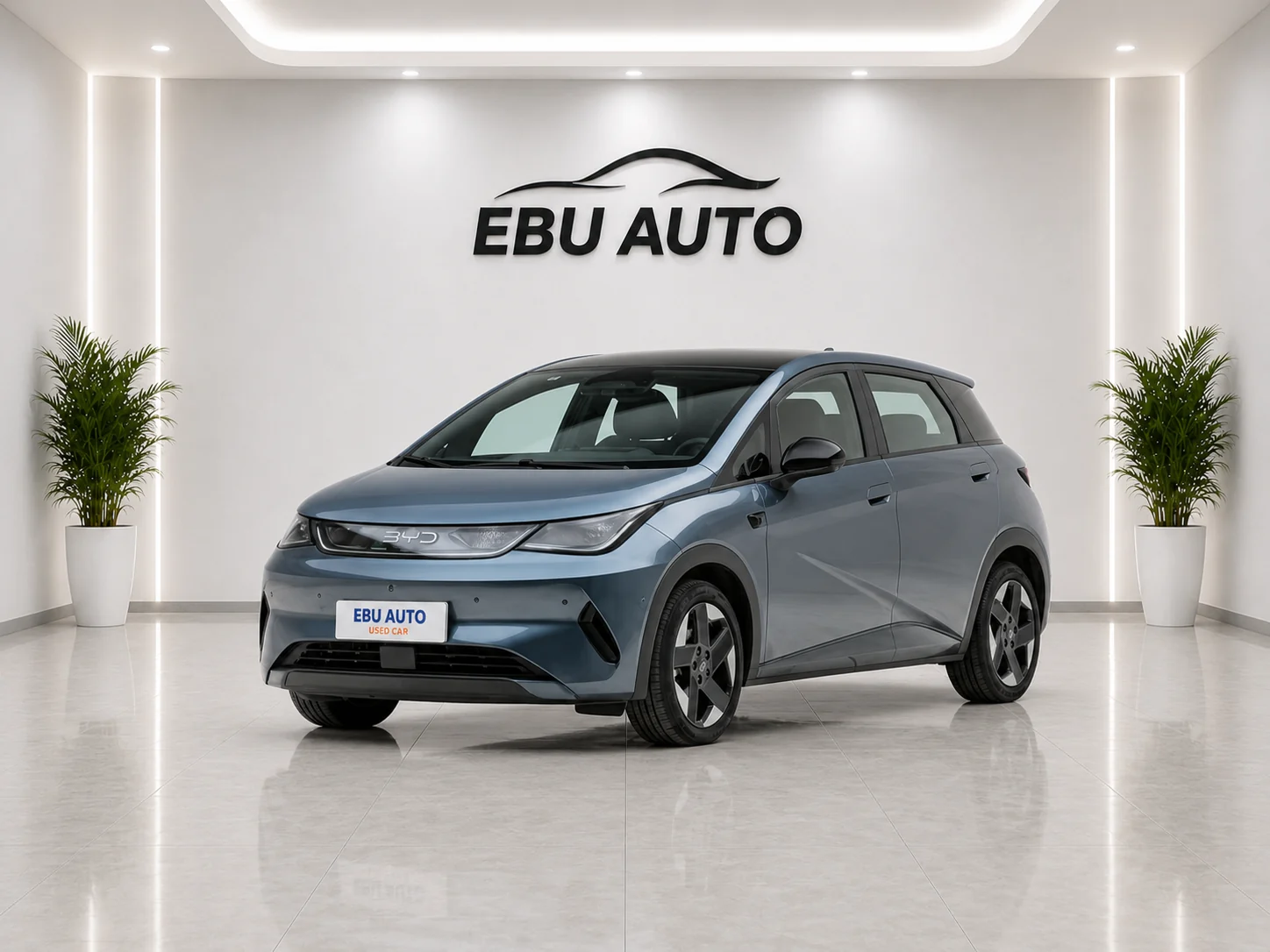 2021-2026 BYD Dolphin electric hatchback front three-quarter view in EBU AUTO showroom