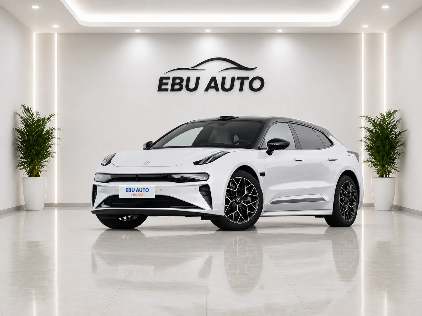 Zeekr 001 white fastback in EBU AUTO showroom