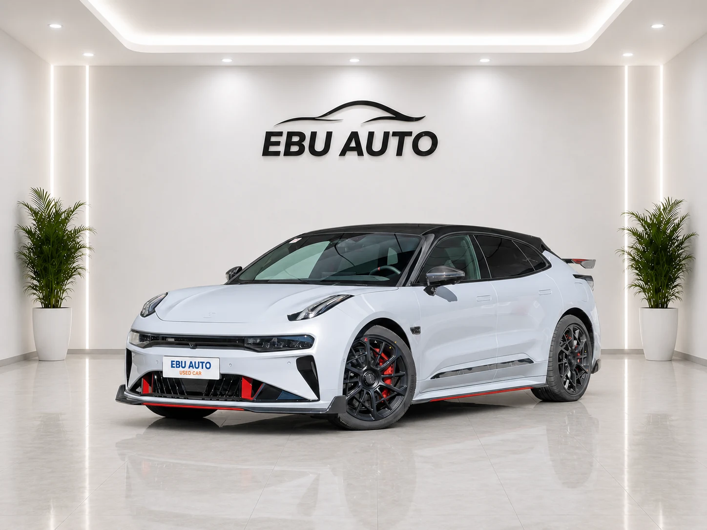 Zeekr 001 FR performance electric hatchback front three-quarter view in EBU AUTO showroom
