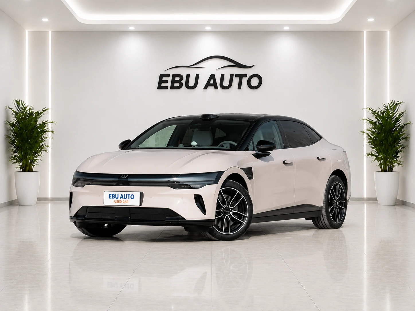Zeekr 007 white electric sedan front three-quarter view in EBU AUTO showroom
