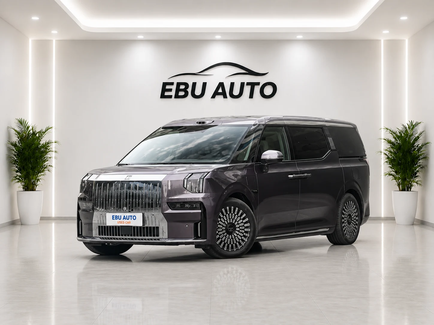 Zeekr 009 luxury electric MPV front three-quarter view in EBU AUTO showroom