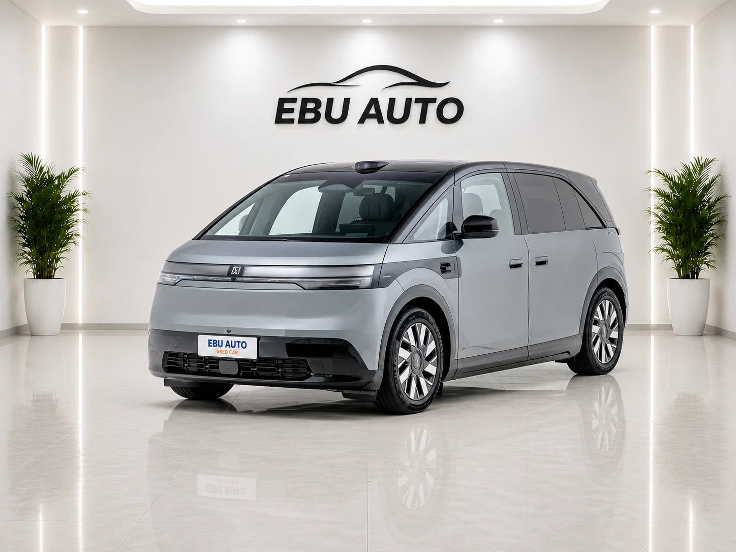 Zeekr MIX silver electric MPV front three-quarter view in EBU AUTO showroom