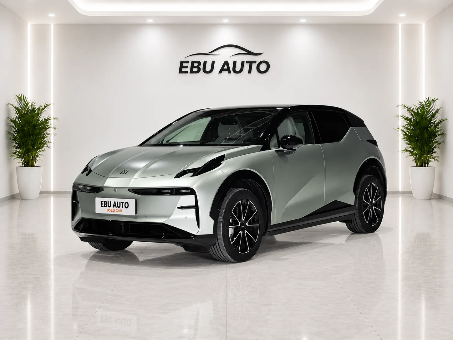Zeekr X electric compact SUV front three-quarter view in EBU AUTO showroom