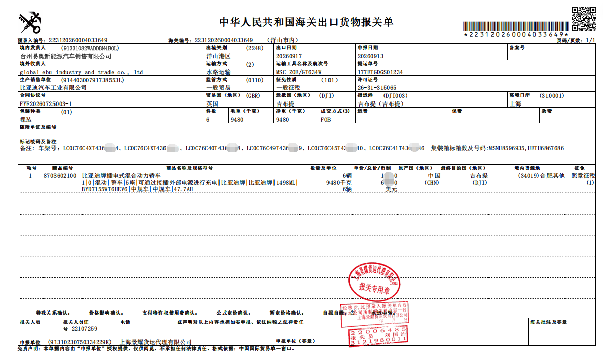 China customs export declaration for six BYD Qin PLUS DM-i plug-in hybrid sedans shipped to Djibouti
