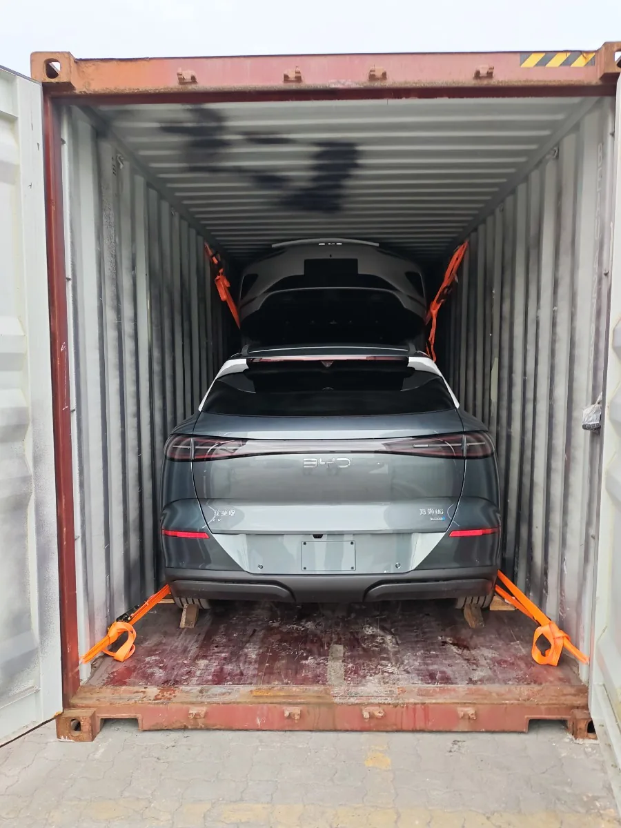 BYD vehicle secured inside a shipping container for export from China